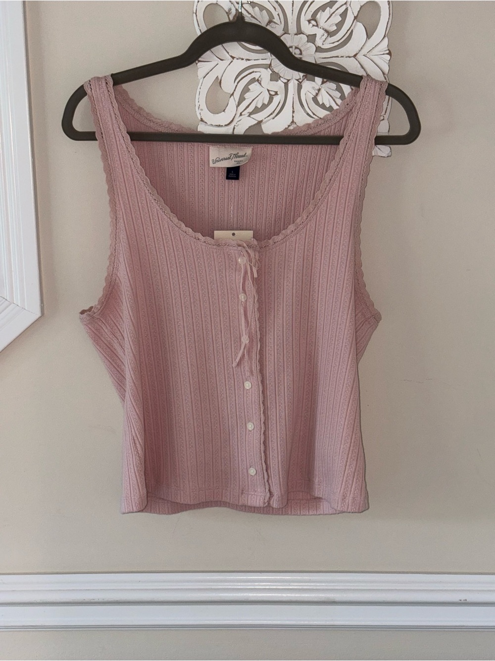 Universal Thread Pink Ribbed Lace-Trim Button Tank